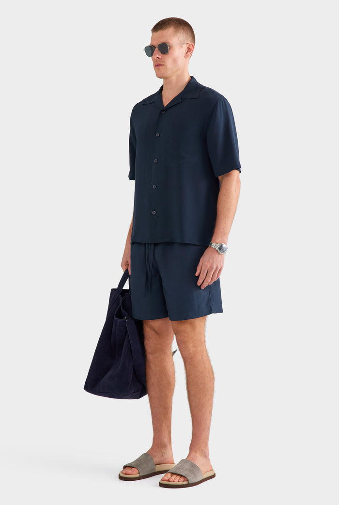 Short Sleeve Silk Camp Collar Shirt - Navy