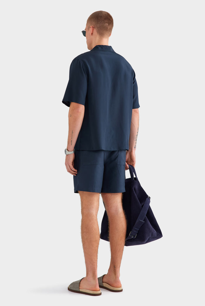 Short Sleeve Silk Camp Collar Shirt - Navy