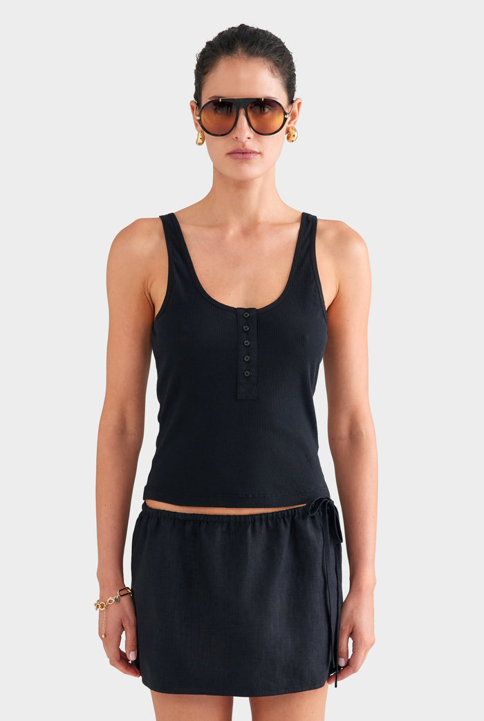 Side Tie Linen Mini Skirt - Black