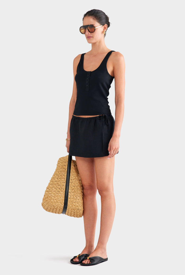 Side Tie Linen Mini Skirt - Black
