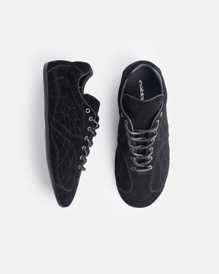 SILENT CODE SNEAKERS SUEDE BLACK - black suede sneakers, flat lay - Cold Culture