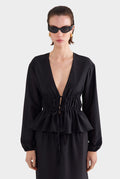Silk Cotton Gathered Blouse - Black