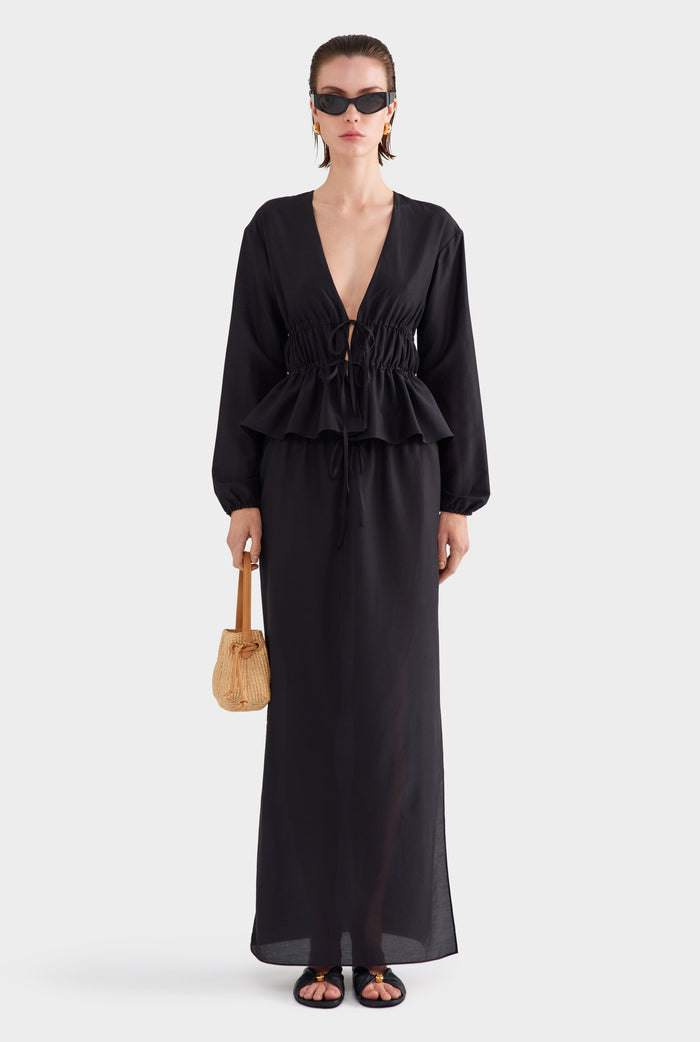 Silk Cotton Gathered Blouse - Black