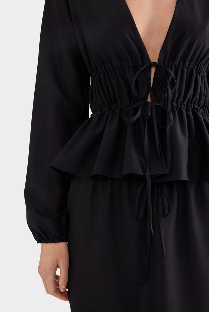 Silk Cotton Gathered Blouse - Black