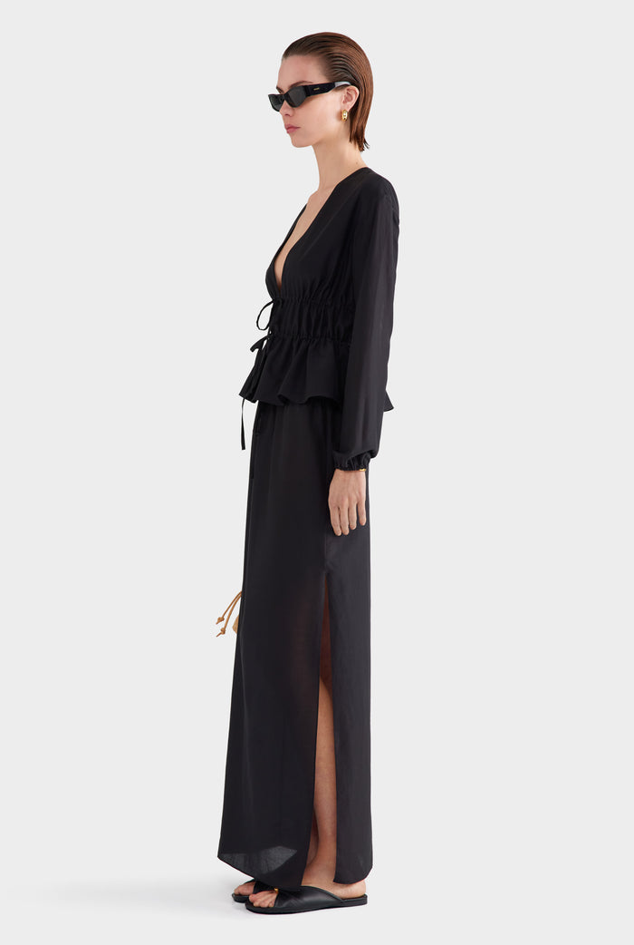 Silk Cotton Gathered Blouse - Black