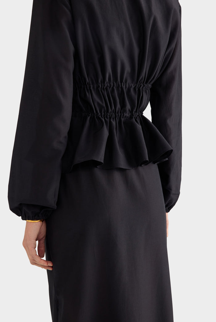 Silk Cotton Gathered Blouse - Black