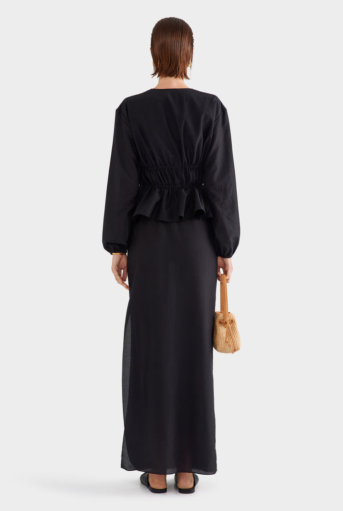 Silk Cotton Gathered Blouse - Black