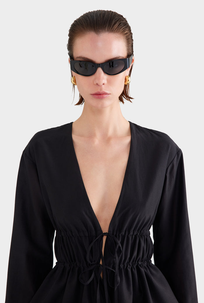 Silk Cotton Gathered Blouse - Black