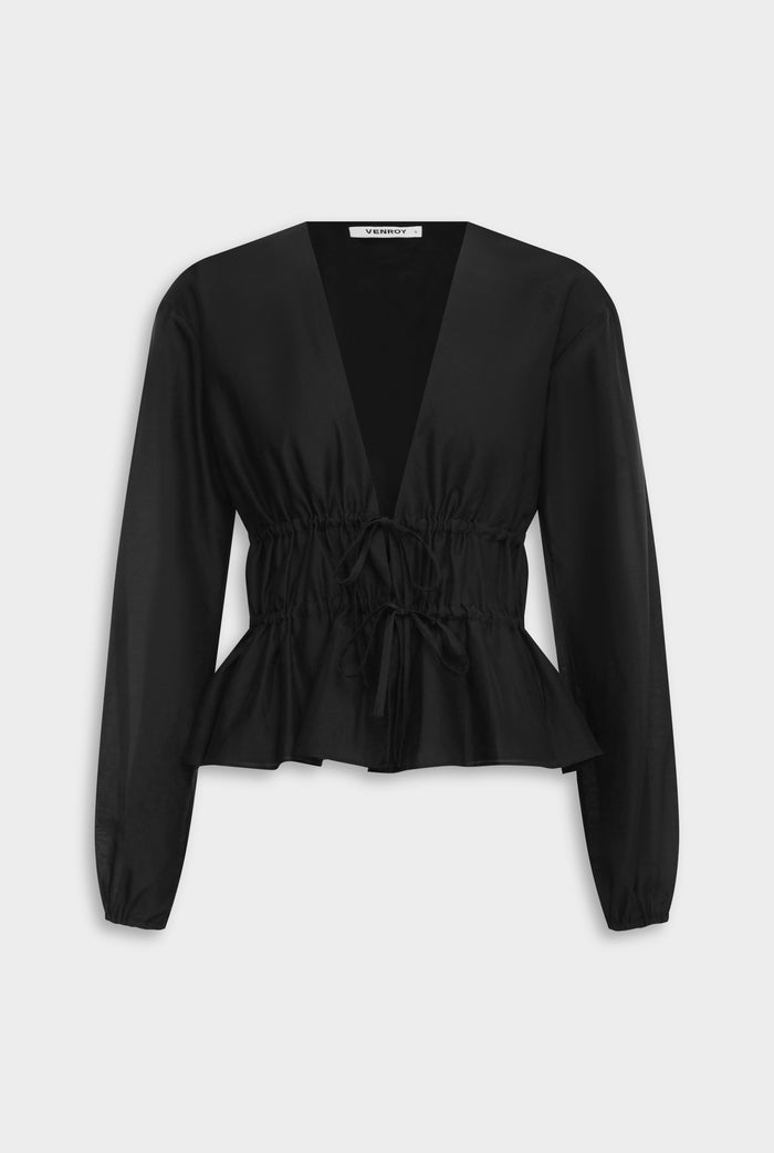 Venroy Silk Cotton Gathered Blouse - Black