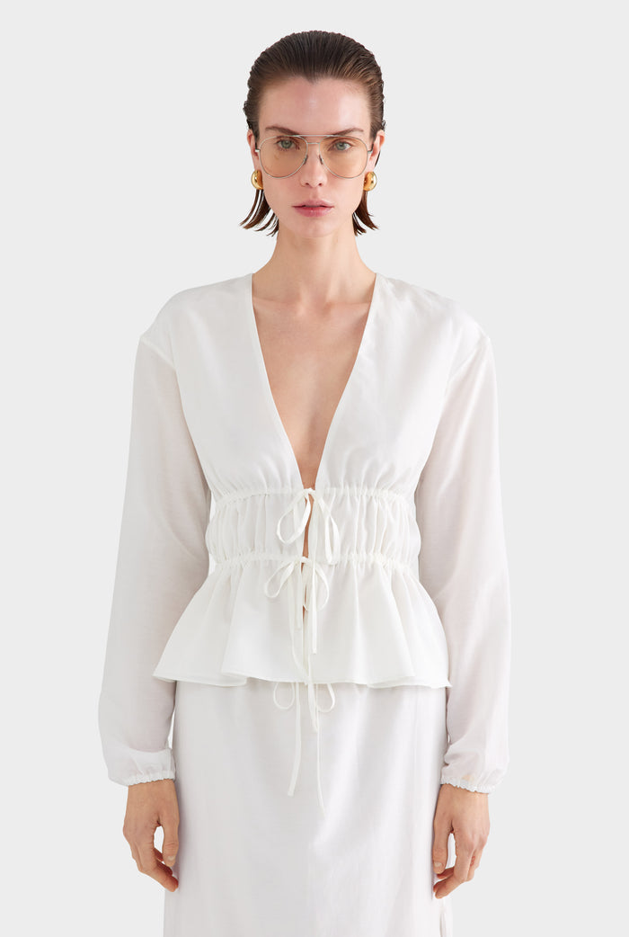Silk Cotton Gathered Blouse - White