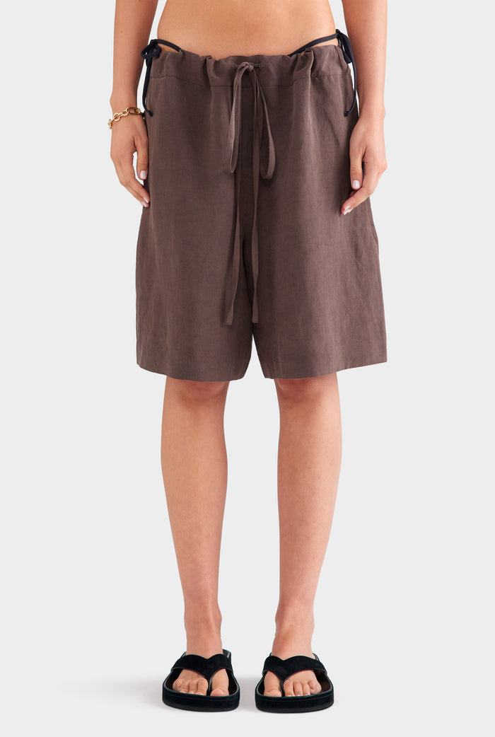 Silk Linen Drawstring Short - Chocolate