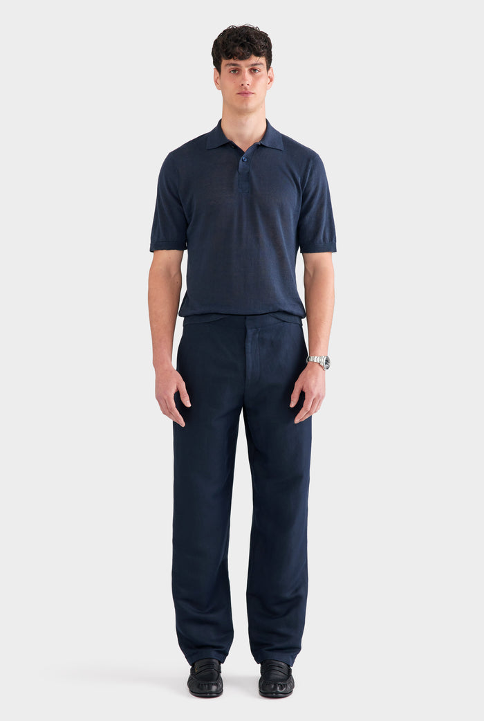 Silk Linen Side Tab Trouser - Navy