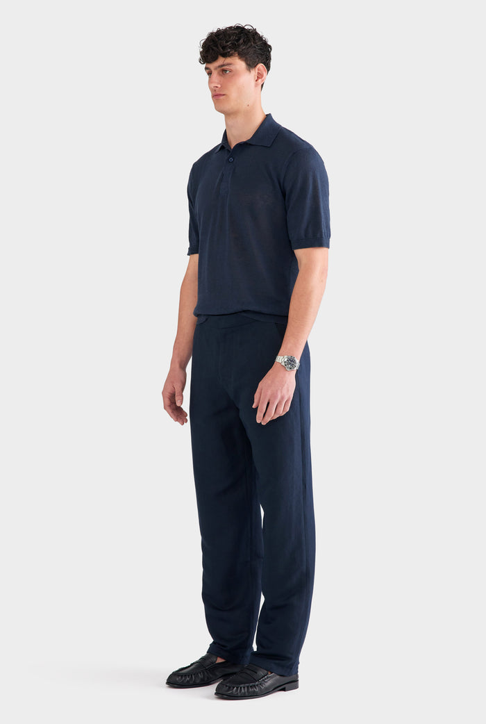 Silk Linen Side Tab Trouser - Navy
