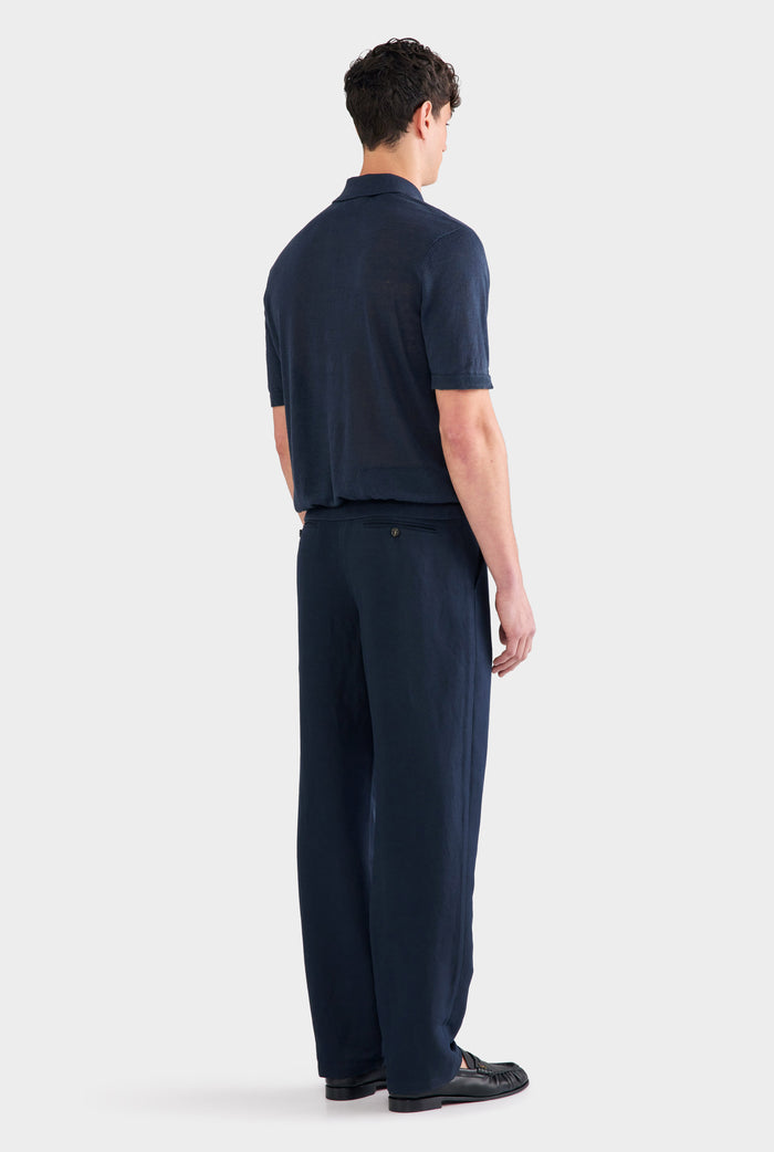 Silk Linen Side Tab Trouser - Navy