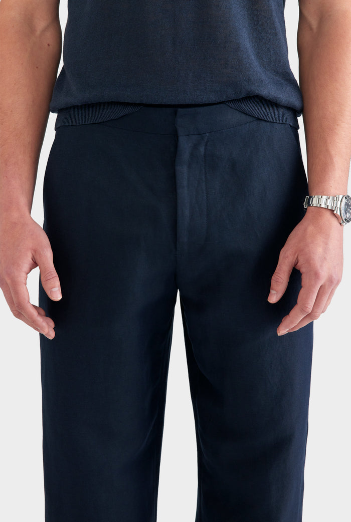Silk Linen Side Tab Trouser - Navy