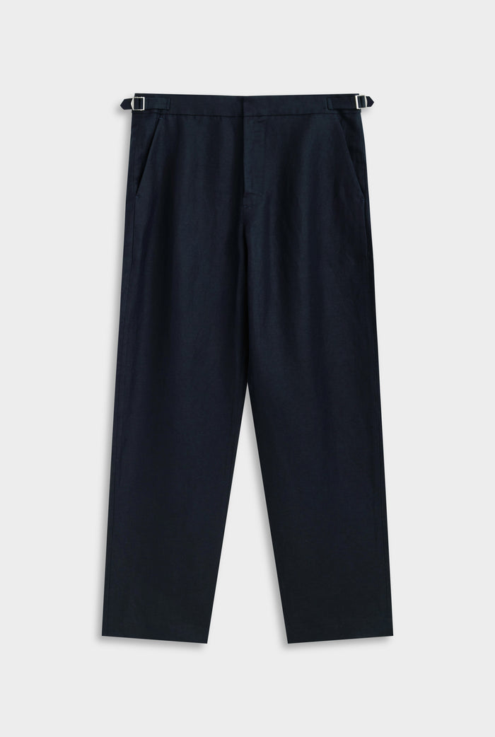 Silk Linen Side Tab Trouser - Navy