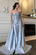 Silver Strapless Mermaid Evening Dress with Detachable Tulle Overlay & Sheer Sleeves SS484 Sheer Fairy