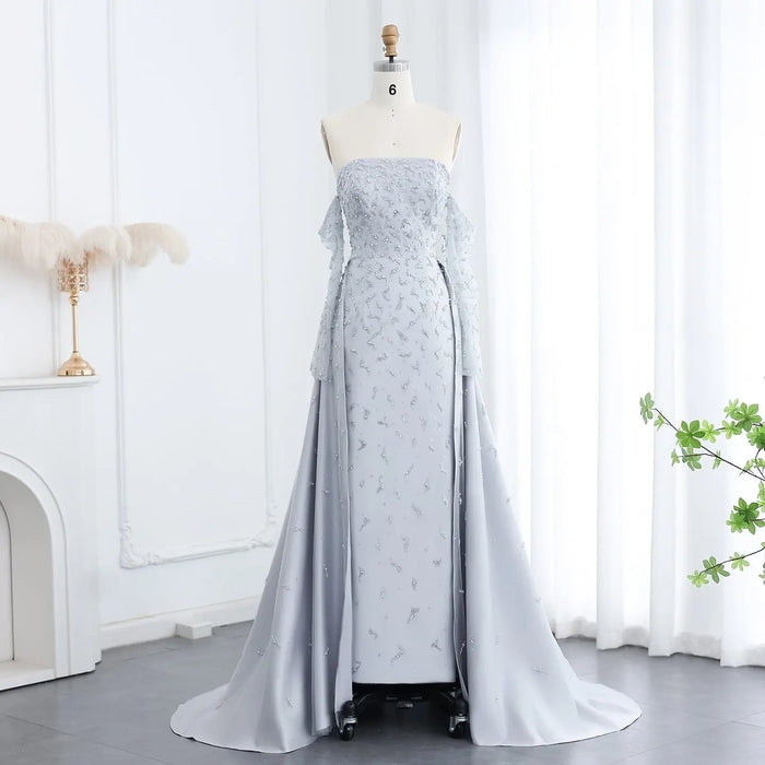 Blue Strapless Mermaid Evening Dress with Detachable Tulle Overlay & Sheer Sleeves SS484 Sheer Fairy