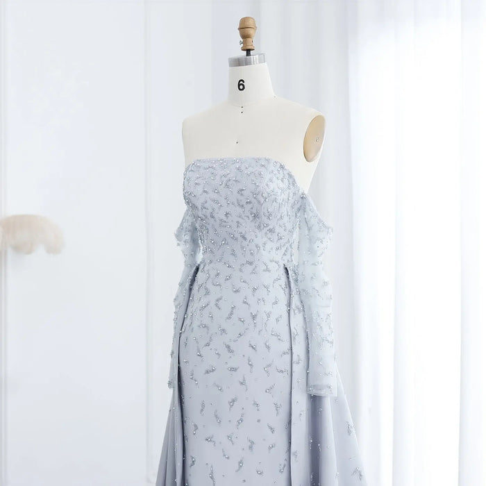 Blue Strapless Mermaid Evening Dress with Detachable Tulle Overlay & Sheer Sleeves SS484 Sheer Fairy