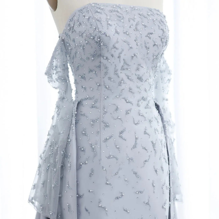 Blue Strapless Mermaid Evening Dress with Detachable Tulle Overlay & Sheer Sleeves SS484 Sheer Fairy