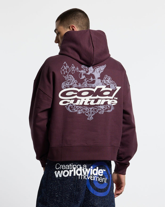 SMOKING ANGEL HOODIE BURGUNDY - burgundy graphic print hoodie, back view on male model - Cold Culture #man
