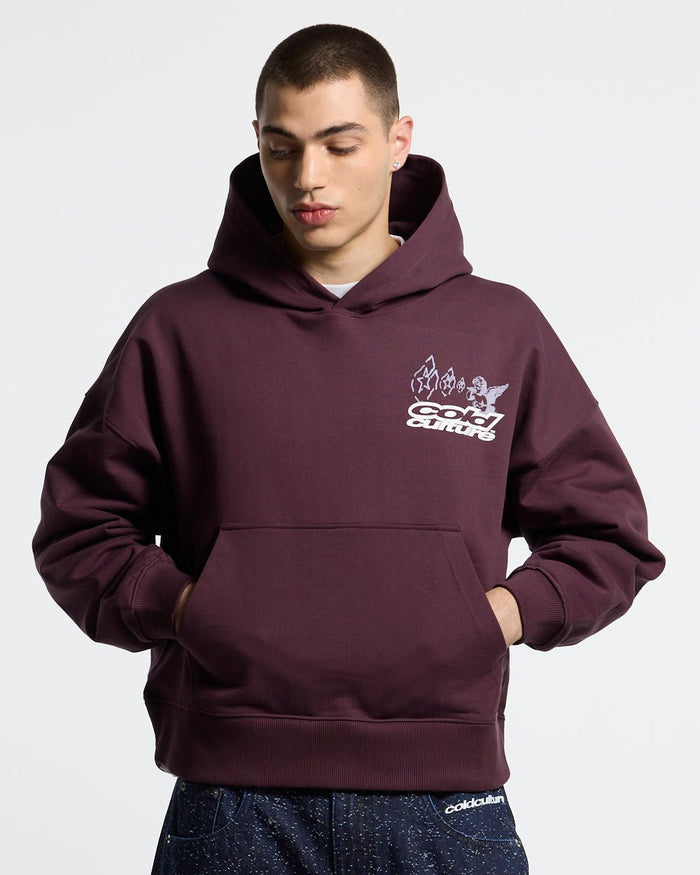 SMOKING ANGEL HOODIE BURGUNDY - burgundy graphic print hoodie, front view on male model - Cold Culture #man