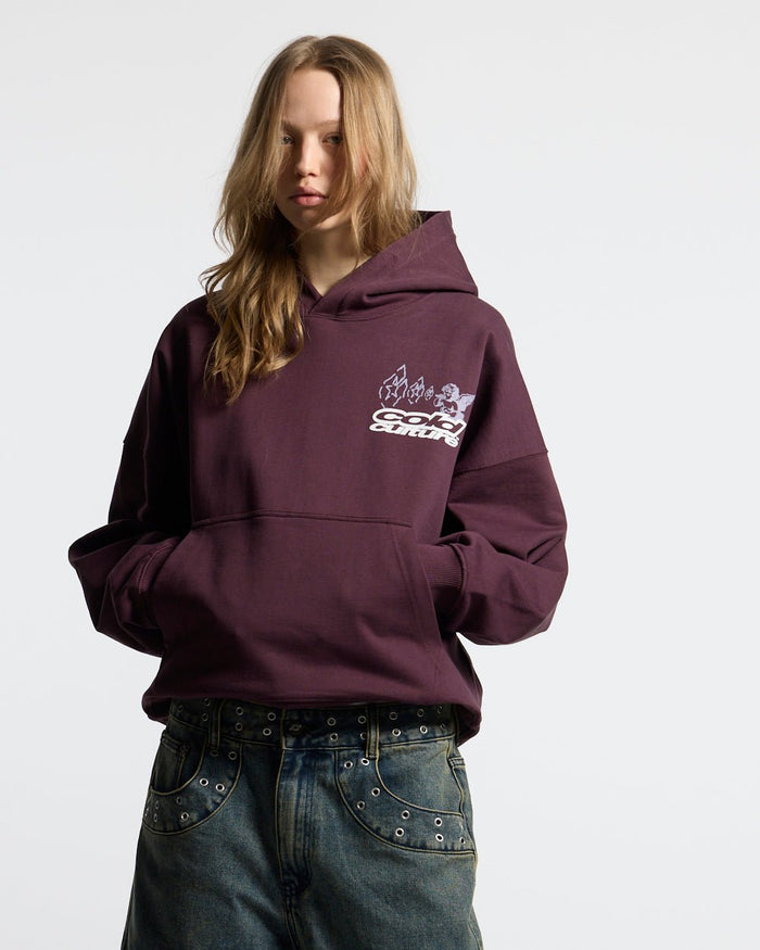 SMOKING ANGEL HOODIE BURGUNDY - burgundy graphic print hoodie, front view on female model - Cold Culture #woman