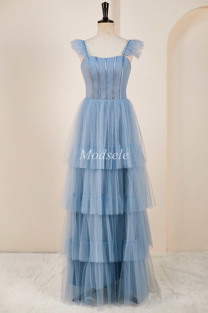 Tiered A-Line Long Prom Dress with Flutter Sleeves in smoky blue