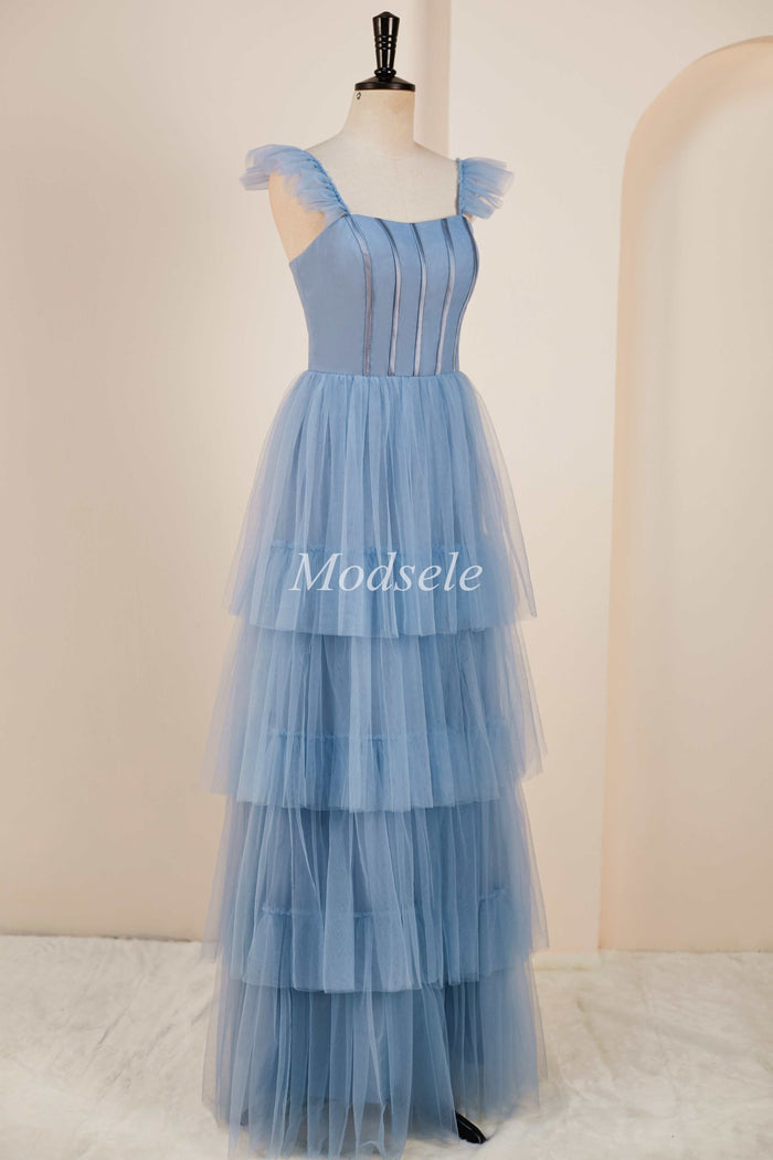 Tiered A-Line Long Prom Dress with Flutter Sleeves in smoky blue