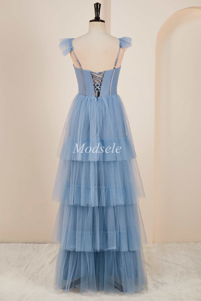 Tiered A-Line Long Prom Dress with Flutter Sleeves in smoky blue