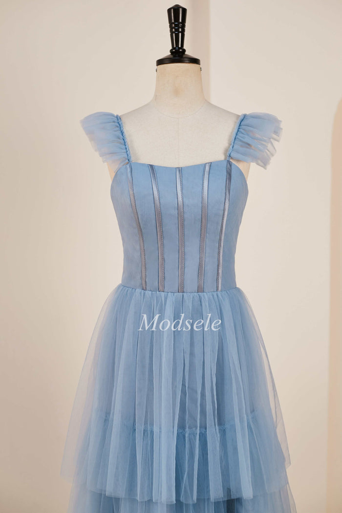 Tiered A-Line Long Prom Dress with Flutter Sleeves in smoky blue