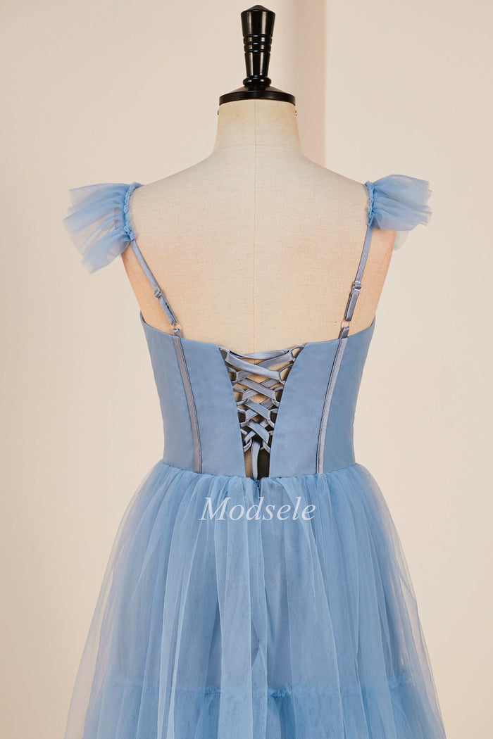 Tiered A-Line Long Prom Dress with Flutter Sleeves in smoky blue