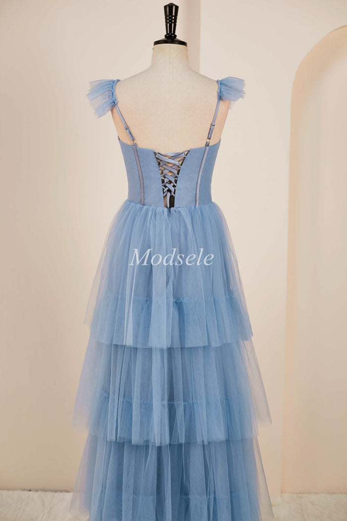 Tiered A-Line Long Prom Dress with Flutter Sleeves in smoky blue