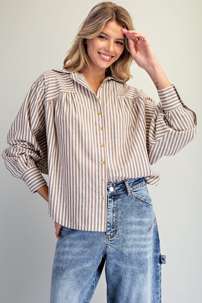 Soft Washed Striped Dolman Sleeve Blouse in Mocha Latte