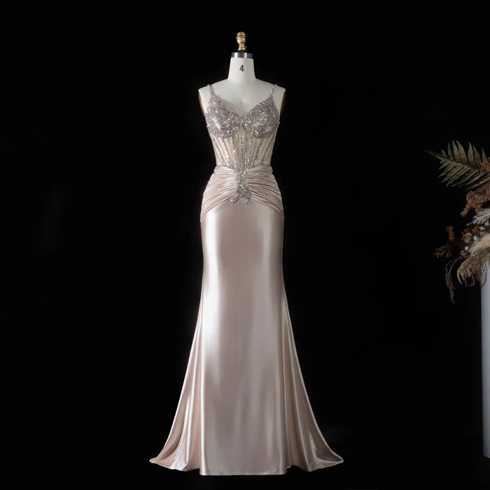 Spaghetti Strap Sexy Mermaid  Champagne  Luxury Beaded Prom Dress Sequins with  Beaded SH093 Sheer Fairy