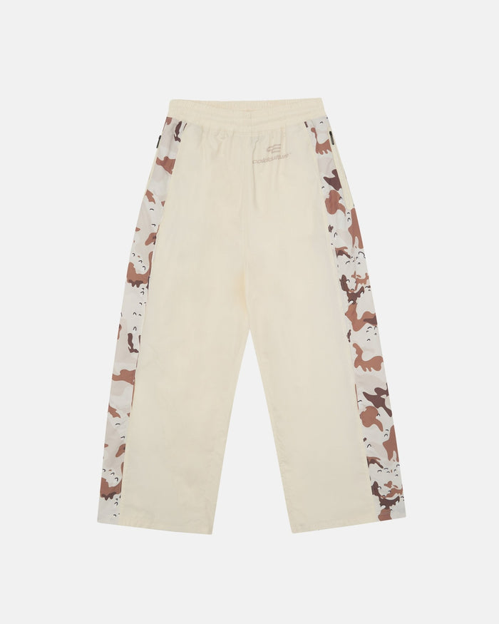 SPIDER PANTS BEIGE & CAMO - beige camo panel sweatpants, front view - Cold Culture