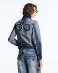 SPLIT ZIP JACKET BLUE - blue denim zip jacket, back view on female model - Cold Culture