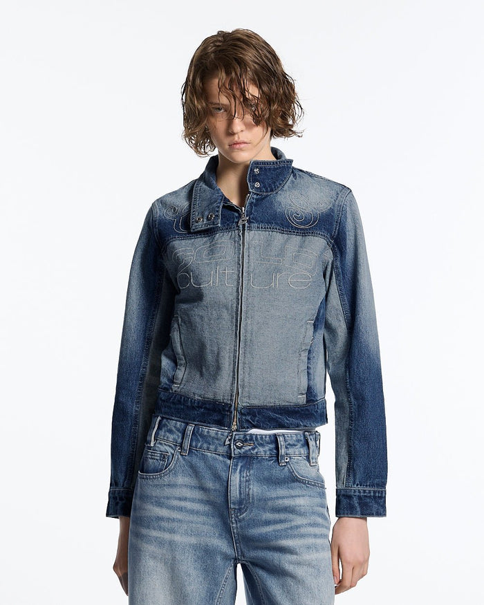 SPLIT ZIP JACKET BLUE - blue denim zip jacket, front view on female model - Cold Culture #woman