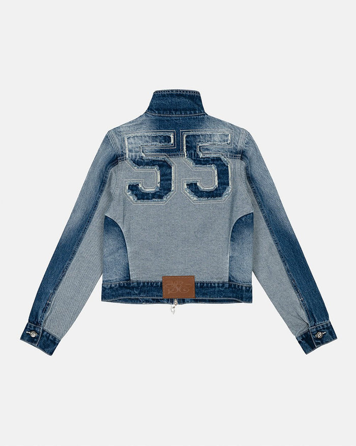 SPLIT ZIP JACKET BLUE - blue denim zip jacket, back view - Cold Culture