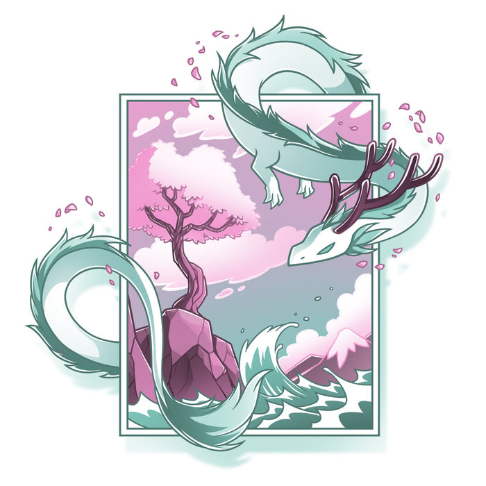 Premium Cotton T-shirt_TeeTurtle white Spring Blossom Dragon apparel featuring an artistic dragon surrounding a painting of a cherry blossom tree on a cliff next to the ocean.