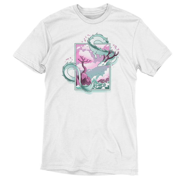 Premium Cotton T-shirt_TeeTurtle white Spring Blossom Dragon apparel featuring an artistic dragon surrounding a painting of a cherry blossom tree on a cliff next to the ocean.