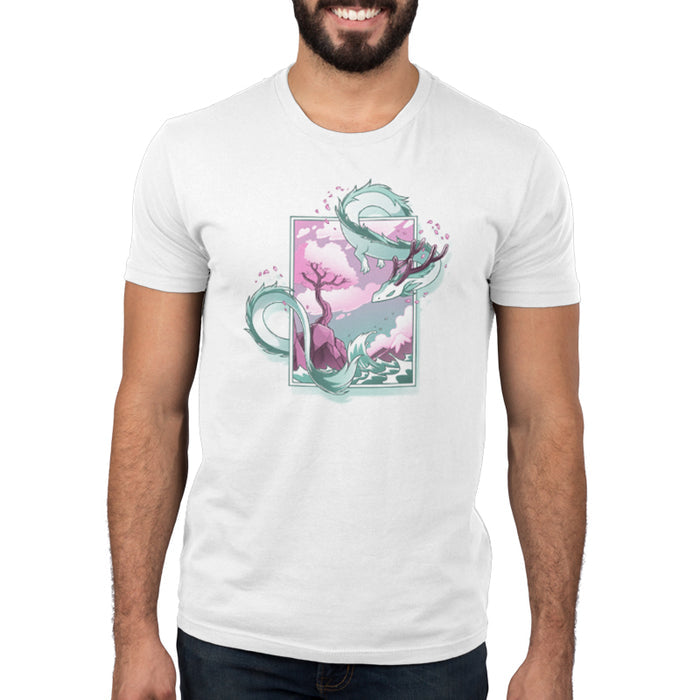 Premium Cotton T-shirt_TeeTurtle white Spring Blossom Dragon apparel featuring an artistic dragon surrounding a painting of a cherry blossom tree on a cliff next to the ocean.
