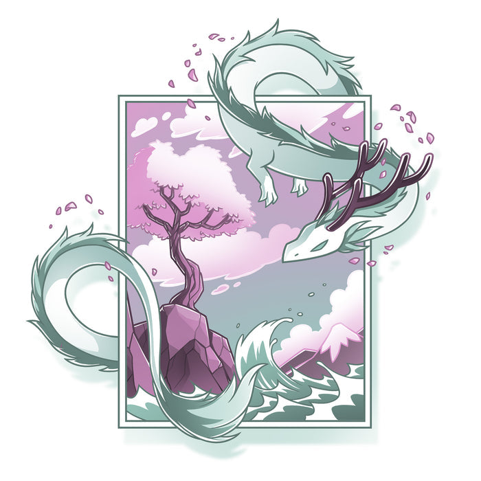 Classic Cotton T-shirt_TeeTurtle white Spring Blossom Dragon apparel featuring an artistic dragon surrounding a painting of a cherry blossom tree on a cliff next to the ocean.