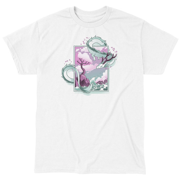 Classic Cotton T-shirt_TeeTurtle white Spring Blossom Dragon apparel featuring an artistic dragon surrounding a painting of a cherry blossom tree on a cliff next to the ocean.