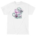 Classic Cotton T-shirt_TeeTurtle white Spring Blossom Dragon apparel featuring an artistic dragon surrounding a painting of a cherry blossom tree on a cliff next to the ocean.
