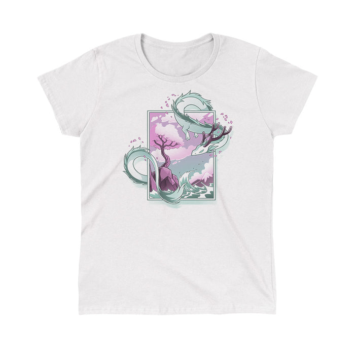 Classic Cotton T-shirt_TeeTurtle white Spring Blossom Dragon apparel featuring an artistic dragon surrounding a painting of a cherry blossom tree on a cliff next to the ocean.