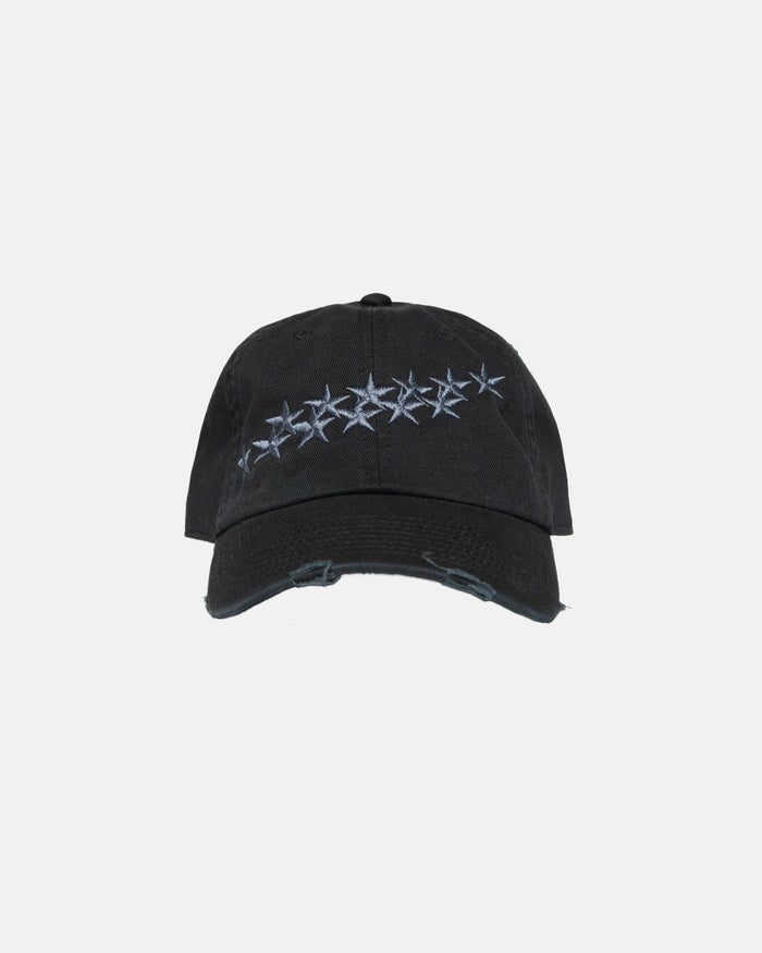 STARS CAP BLACK - black distressed cap, front view - Cold Culture
