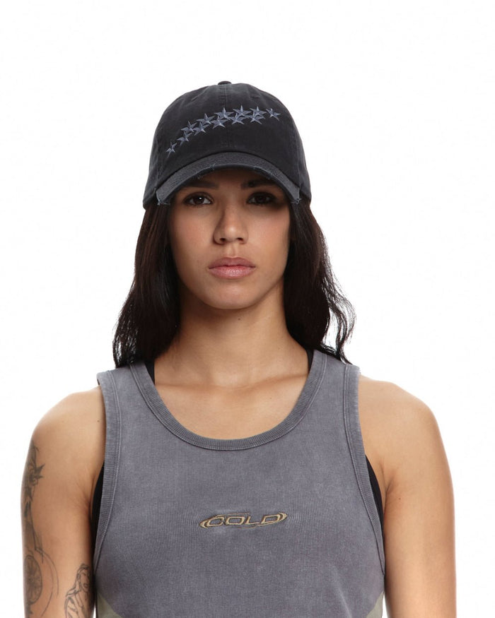 STARS CAP BLACK - black distressed cap, on model close-up - Cold Culture #woman