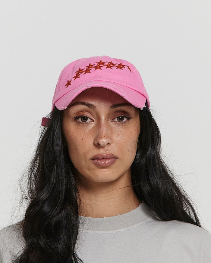 STARS CAP PINK PANTHER - pink distressed cap, on model close-up - Cold Culture #woman