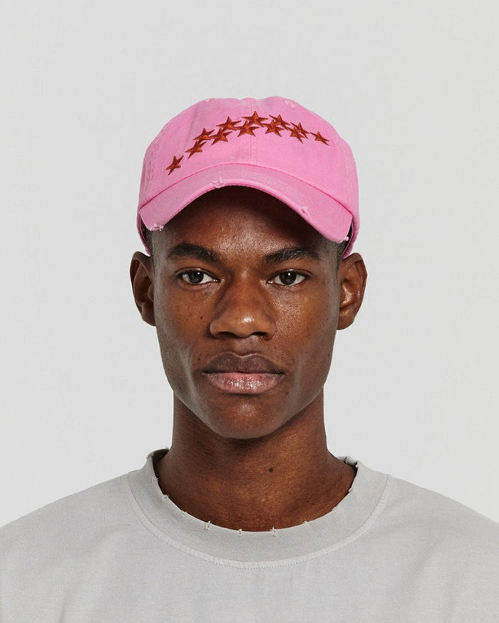 STARS CAP PINK PANTHER - pink distressed cap, on model close-up - Cold Culture #man